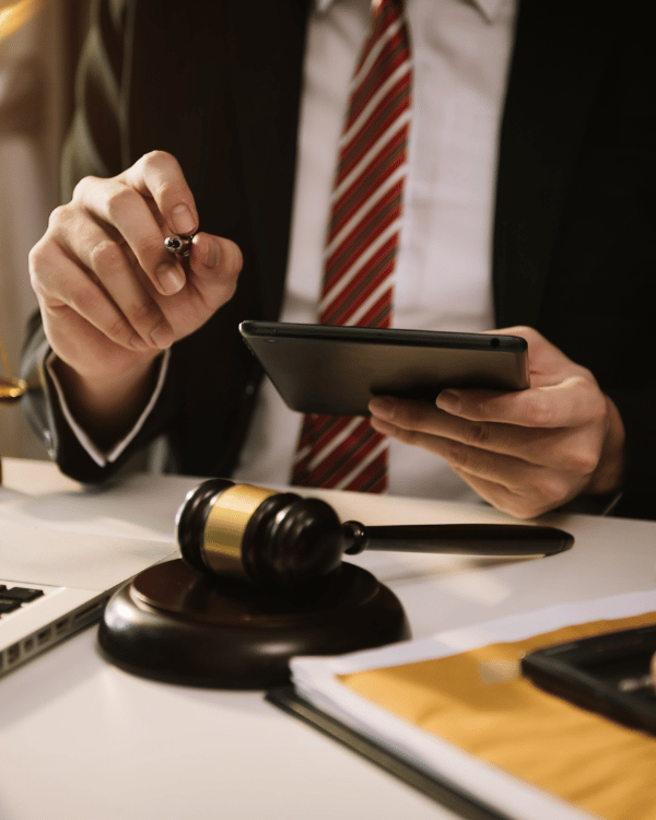 Δικηγόρος με σφυρί δικαστηρίου και tablet – συνδυασμός νομικής τεχνογνωσίας και σύγχρονης τεχνολογίας
